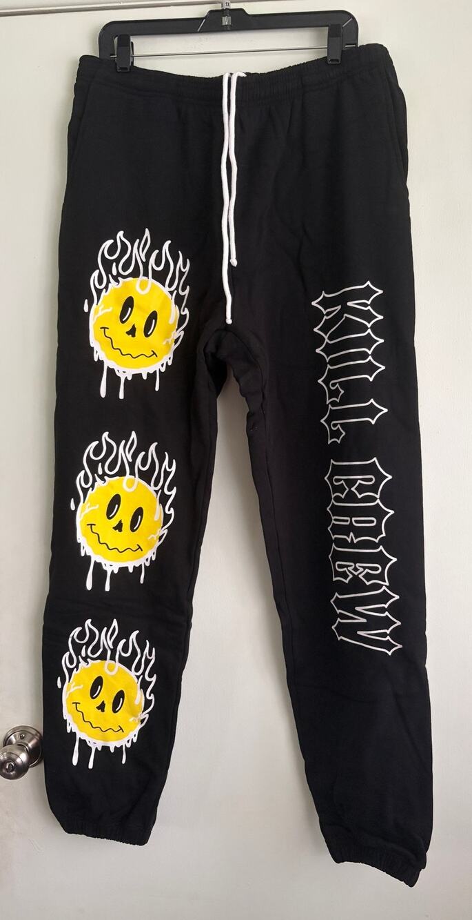 NWT Kill Crew Gothic Logo Flaming Smiley Face Sweatpants Joggers Black 2XL